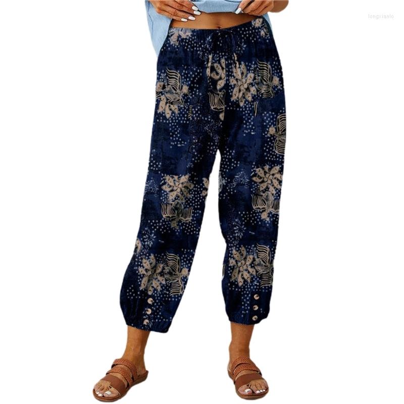 

Women's Pants Womens Soft Cotton Linen Casual Elastic Waist Loose Jogger Spring Summer Floral Print Thin, White