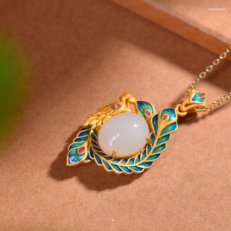 

Chains Ancient Gold Craft Enamel Green Phoenix Necklace Natural An Jade Pendant Clavicle Chain Jewelry For Women