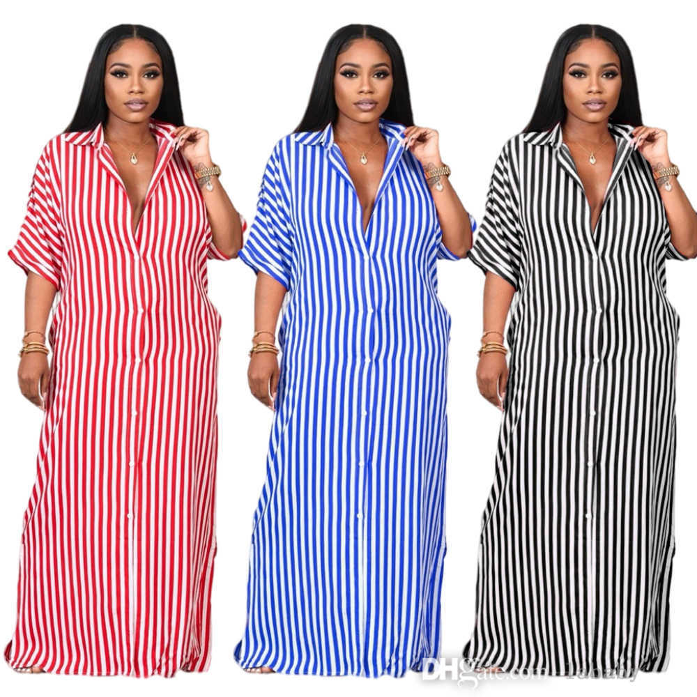 

2023 Vintage Summer Vestidos Dresses For Woman Striped Split Long Skirt Batwing Three Quarter Sleeve Straight Shirt Style Maxi Dress, Black