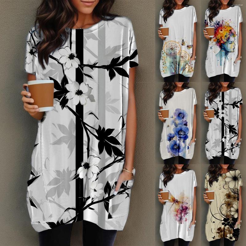 

Women' T Shirts Women Summer Casual Round Neck Short Sleeve Pocket Colorful Flower Print Long Top Climate Control, Khaki