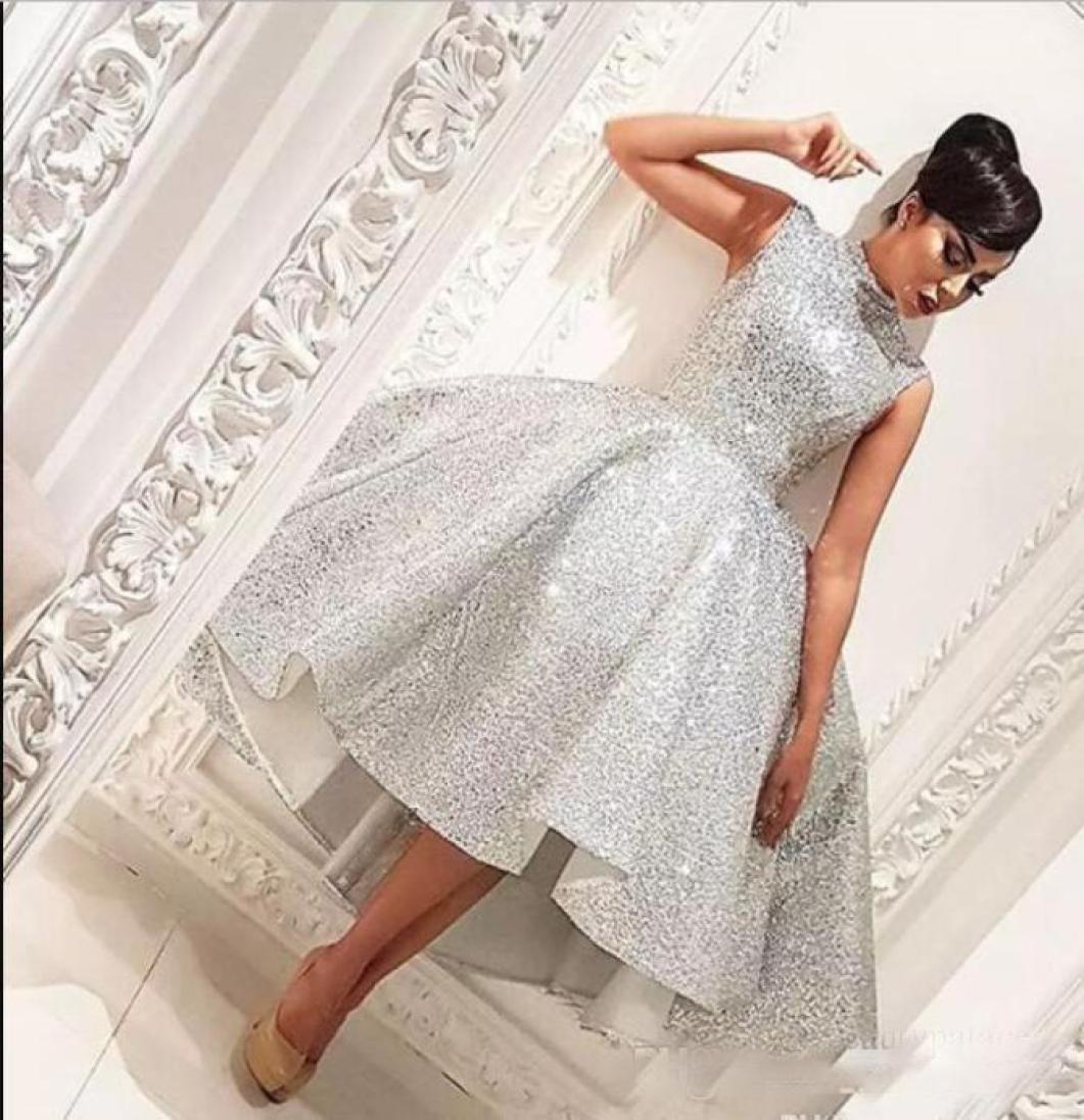 

Bling Bling Silver Sequin High Collar Prom Dress With Sleeveless Short Front Long Back 2019 Cheap Arabic Evening Wears6071736, Red