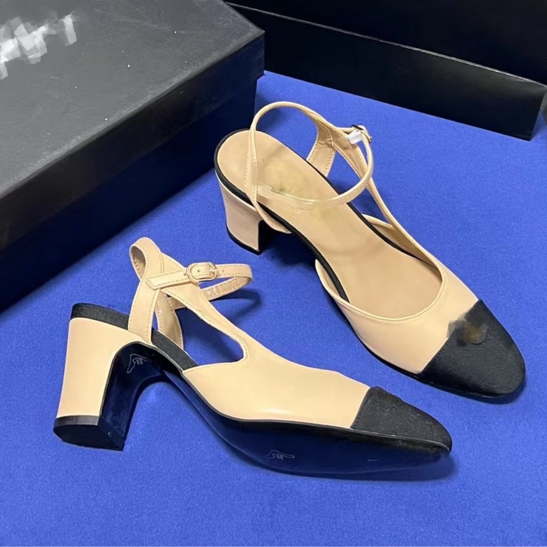 

Beige Black Block High Heels Sandals Women Ladies Fashion Shoes Genuine Leather CHANNEL Formal Chunky Heel Slingbacks Designer Mid Heeled Sandal Pumps Slides Mule, Chal627-4