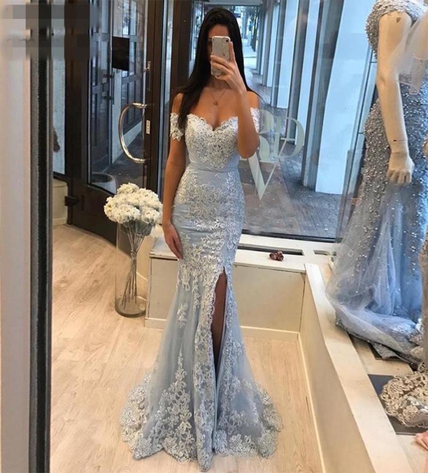 

2020 Off Shoulder Light Sky Blue prom dresses Sexy Custom Evening Dress Event Mermaid Style Appliques Front Split New Special Occa6126262, Lilac
