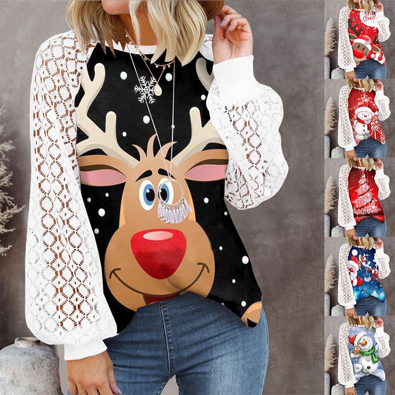 

Women' T Shirts Autumn And Winter Women' Elegant Vintage Christmas Print T-shirt Lace O-Neck Casual Loose Lantern Long Sleeve Tee, Black