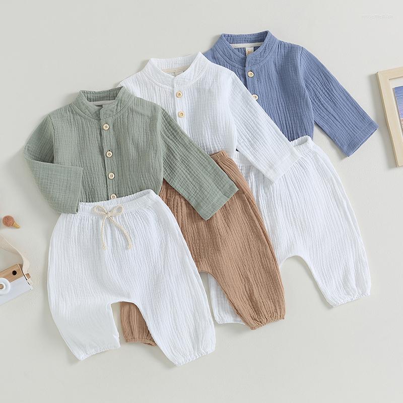 

Clothing Sets Kids Boys Autumn Outfits Solid Buttons Long Sleeve Cotton Shirts Tops Elastic Waist Pants Children Clothes