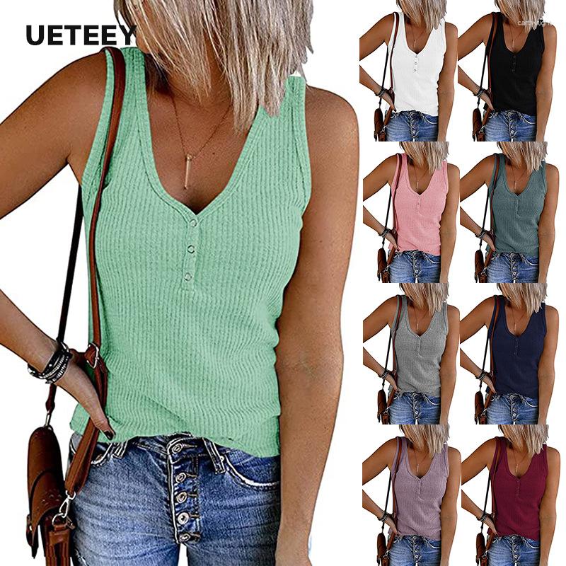 

Women' Tanks Summer Breasted Knitted Tank Top Solid Color V-neck Sleeveless For Women, Black