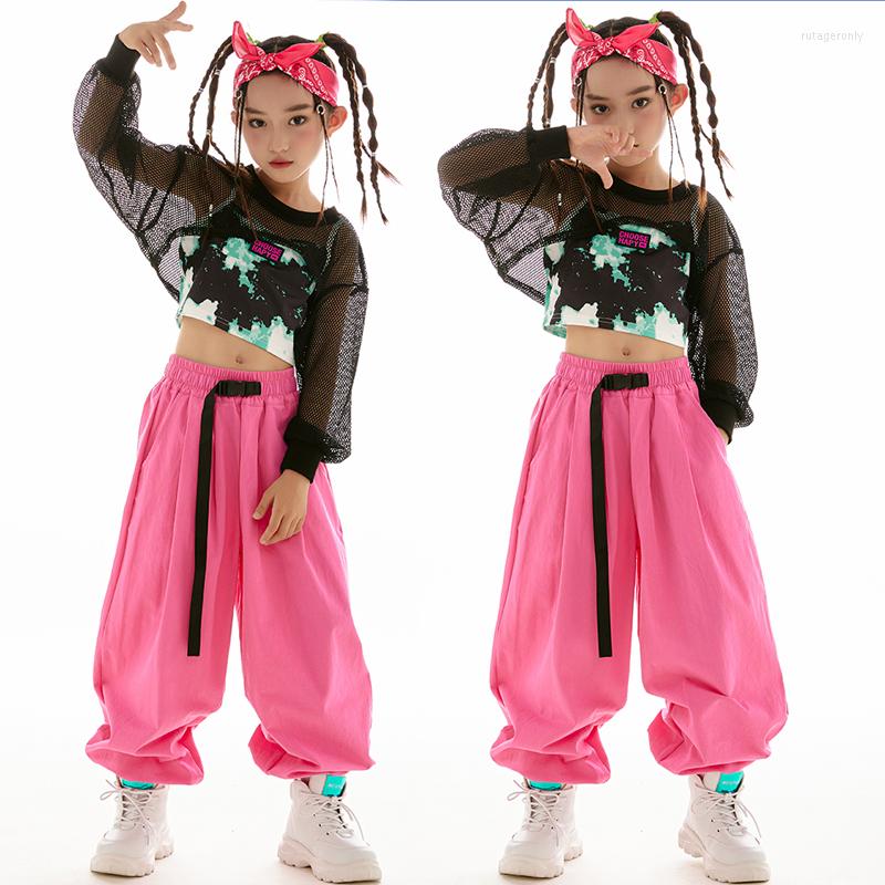 

Stage Wear Modern Jazz Dance Clothing Black Net Crop Tops For Girls Pink Hiphop Pants Long Sleeves Hip Hop Costume Concert BL9581, Vest and tops 2pcs