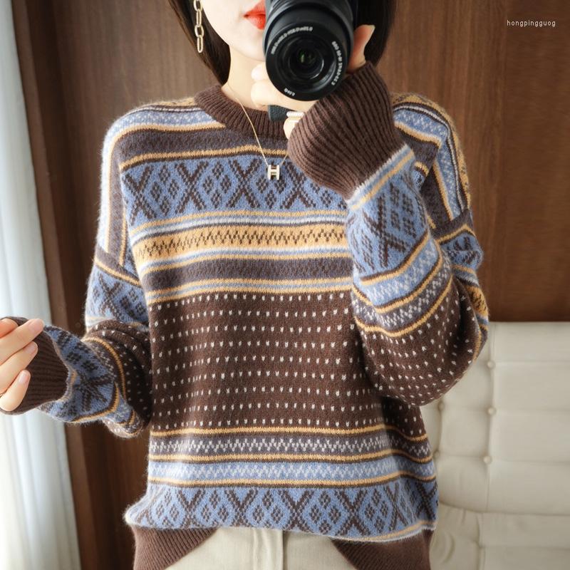 

Women's Sweaters Stripe Round Neck Long Sleeve Knitting Base Coat Women Pullover Jacquard Sweater Loose Casual Thickened Warm, Blue
