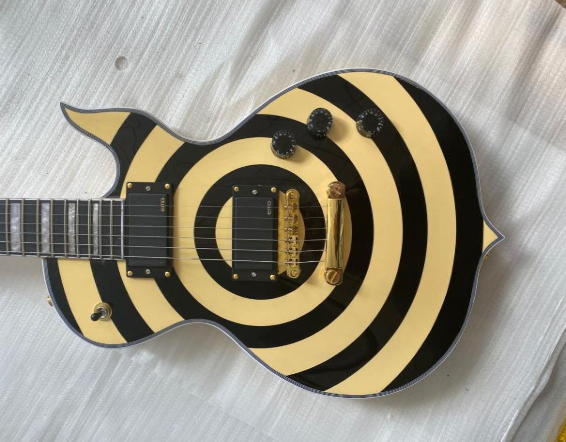 

Custom Zakk Wylde Audio Odin Grail Gangrene Yellow Cream Black Bullseye Electric Guitar Large Block Inlay Gold Hardware Copy EMG6887318