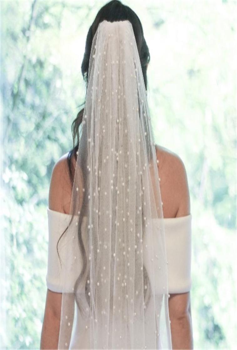 

Bridal Veils Long Wedding Veil With Pearls One Layer Cathedral Bride Comb Beaded For White Ivory Accessories2895478