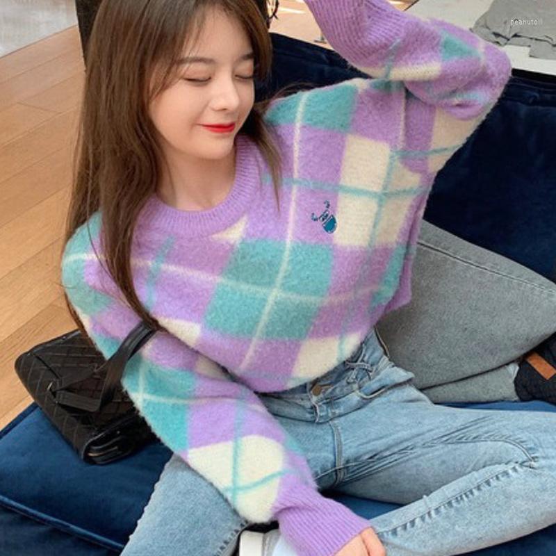 

Women's Sweaters Women Cropped Sweater Vintage Argyle Pattern Pullover Knit Top Lady O-Neck Long Sleeve Fashion Purple Woman Fall Winter, Lavender
