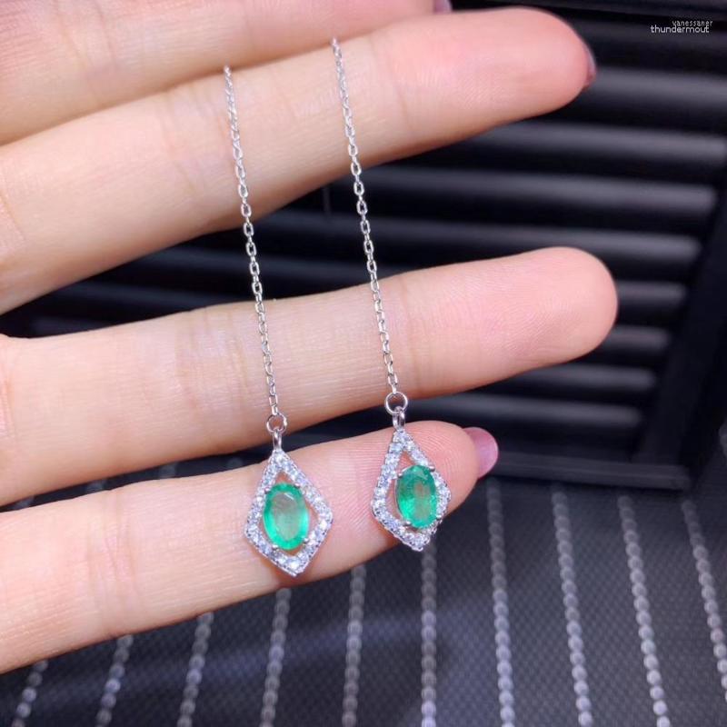 

Dangle Earrings Simple Fashion Rhombus Ear Line Natural Green Emerald Drop Gemstone S925 Silver Girl Gift Jewelry