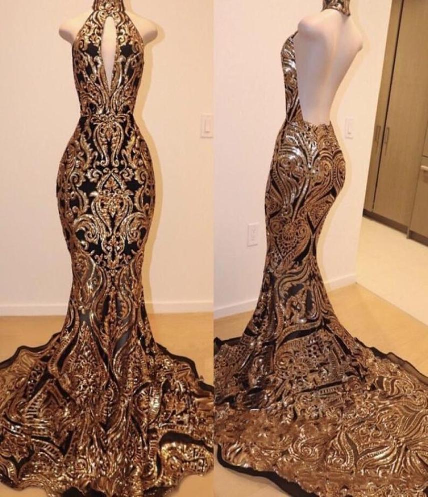

Gorgeous Gold and Black Sparkly Prom Dresses 2019 Hign Neck Backless Sweep Train African Sexy trumpet Occasion Evening Wear gowns7158170
