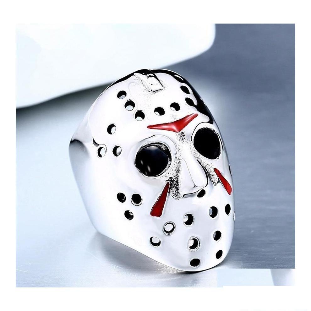 

Band Rings Men Ring 316L Titanium Steel Biker Jason Voorhees Hockey Mask With Red Colour Antique Jewelry Size 714298P Drop Delivery Dhnig