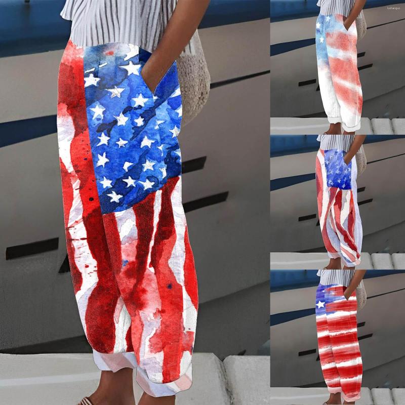 

Women's Pants American Usa Flag Print Stars And Stripes Elastic Waist Sexy Flare Trousers Summer Street Fashion L5, Blue