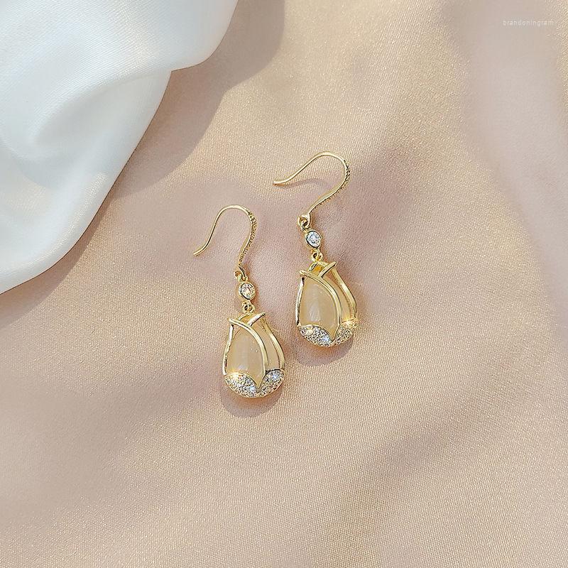 

Stud Earrings Cute Female White Moonstone Drop Luxury Crystal Yellow Gold Color Wedding For Women