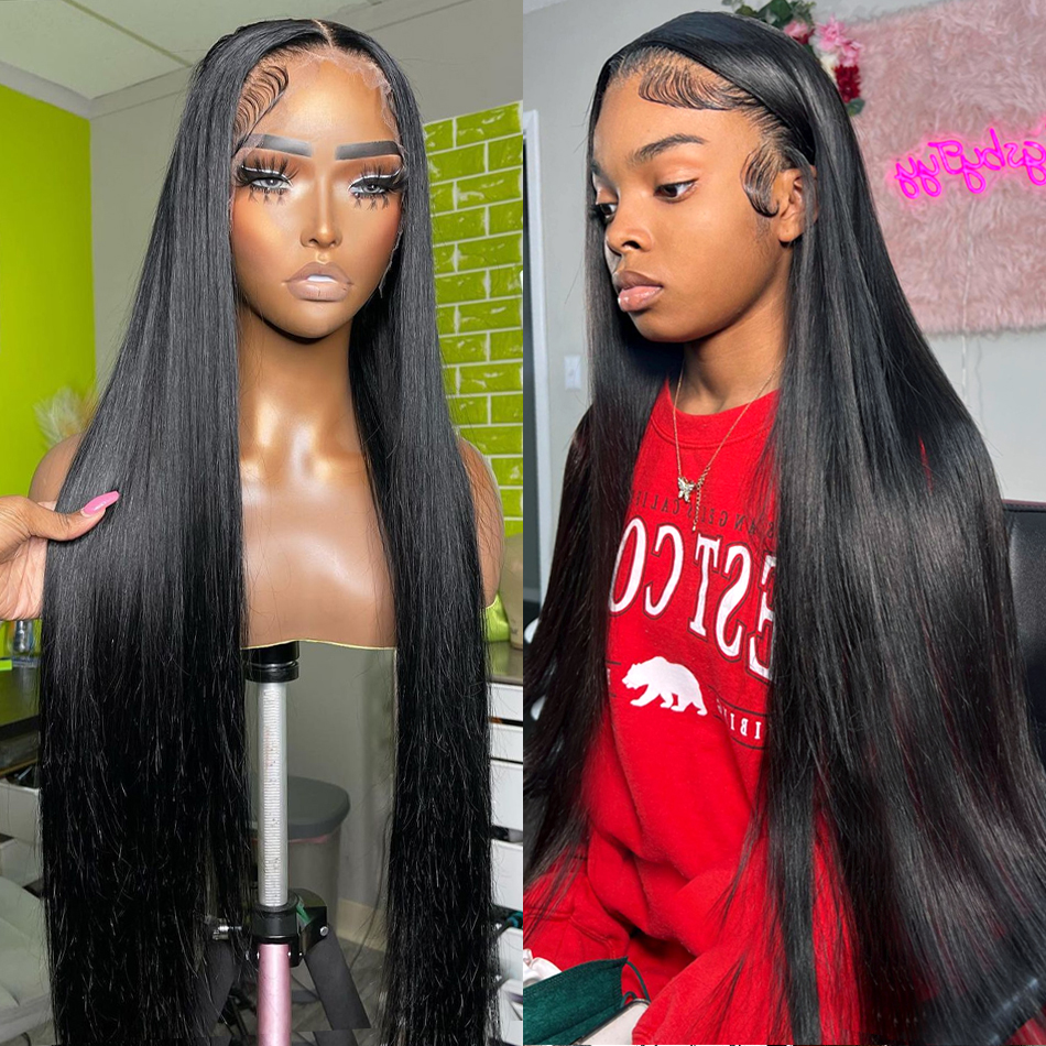

30 40 Inch Straight Lace Front Wig Indian 13x4 Lace Frontal Pre Plucked Bob Wigs for Black Women Human Hair 180 Density, Natural color