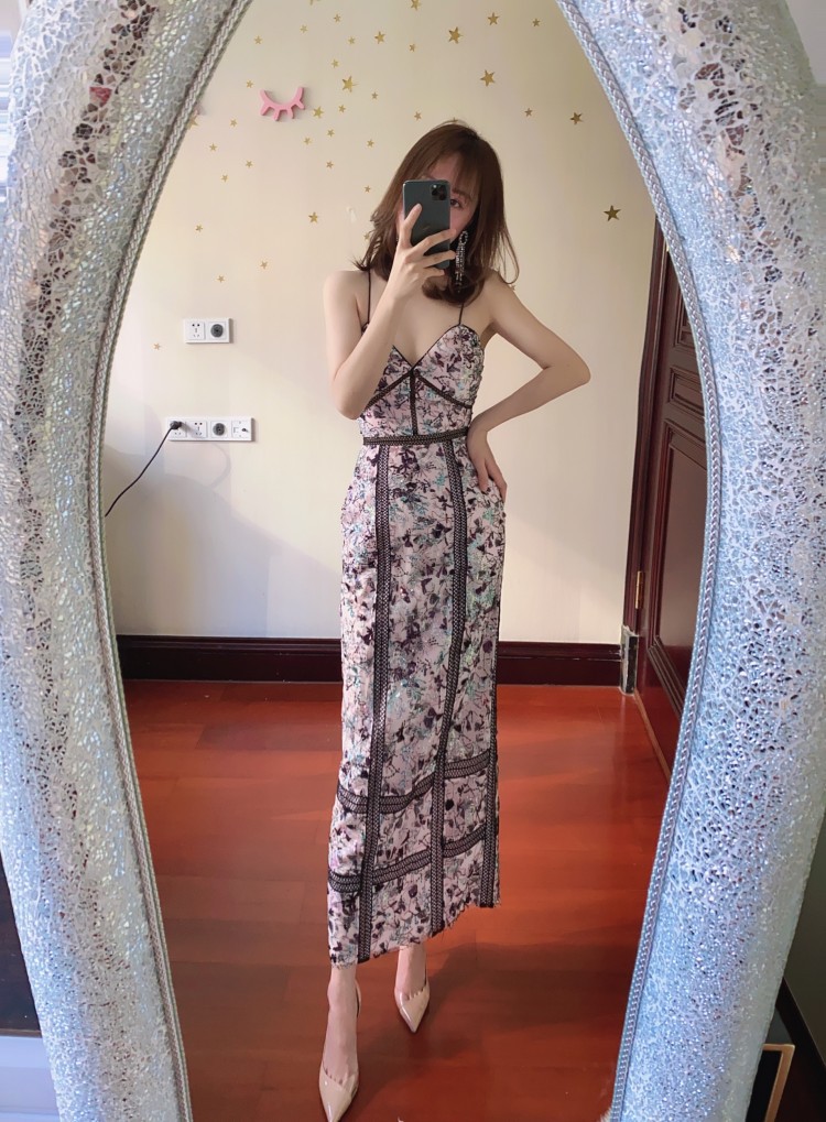

Auth S-elf Portrait Beaded Embroidery High Waist Slim Fit Wrap Hip Pencil Long Dress Sexy Strap Dress, Lavender