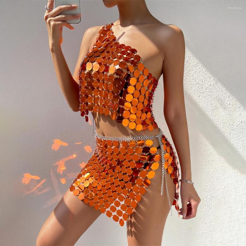 

Women's T Shirts Carnival Rave Performance Dance Costume Sexy Shiny Sequins Tops Chain Disco Skirt Women Waist Dress Fashion Body Jewelry
