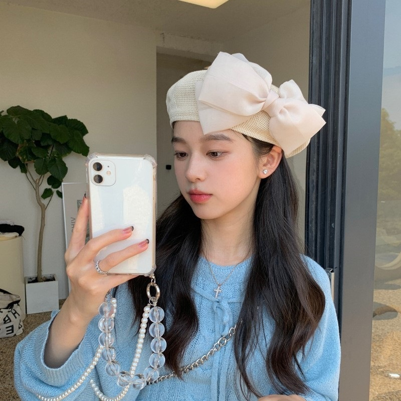 

Niche Bow Berets Spring Summer Ins Knitted Breathable Beret Caps for Women Korean Version Versatile Mori Painter Hats Gorras