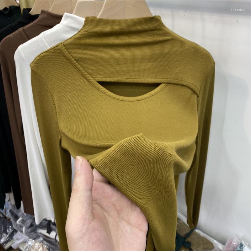 

Women' T Shirts Solid Hollow Out Women T-Shirts Summer Design 2023 Turtleneck Long-Sleeved Elastic Female Pulls Outwear Tops Tees, Yellow