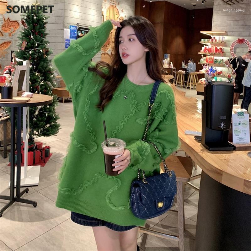 

Women's Sweaters Korean Chic Women Knitted Sweater Autumn Winter Mesh Patchwork Outwear Oversized Pullover Female Casual Jumper, Goose yellow