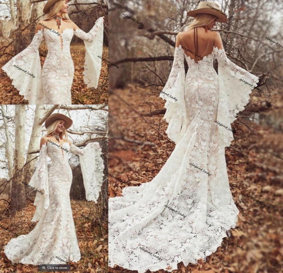 

Long Boho Sleeves Wedding Dresses 2021 Sheer Oneck Vintage Crochet Bold cotton Lace Bohemian Hippie Country Bride Gowns1861440, Ivory