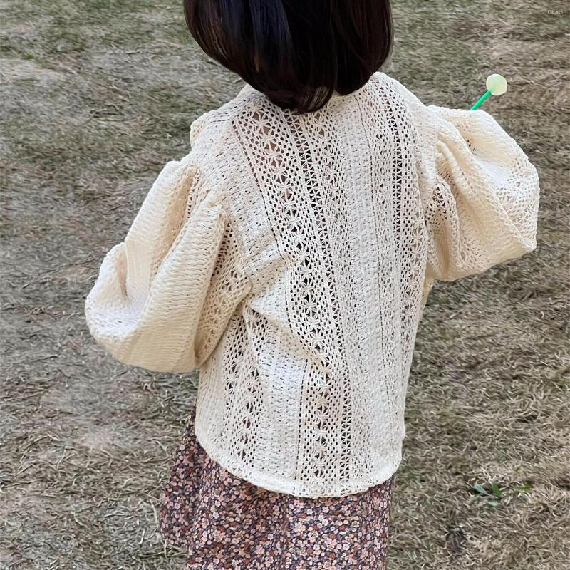 

Jackets Children Clothing Kids Thin Coat Korean Style 2023 Spring Summer Girls Apricot Hollowed Lace Long Sleeve Sunscreen Cardigan