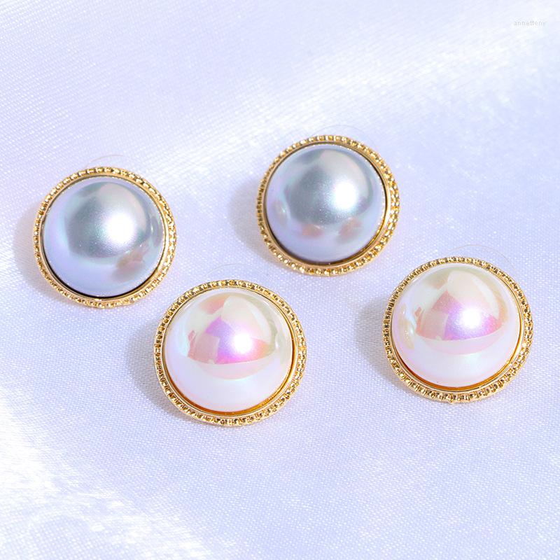 

Stud Earrings 17mm Freshwater White Round Shell 14 K Golden Plated Cz