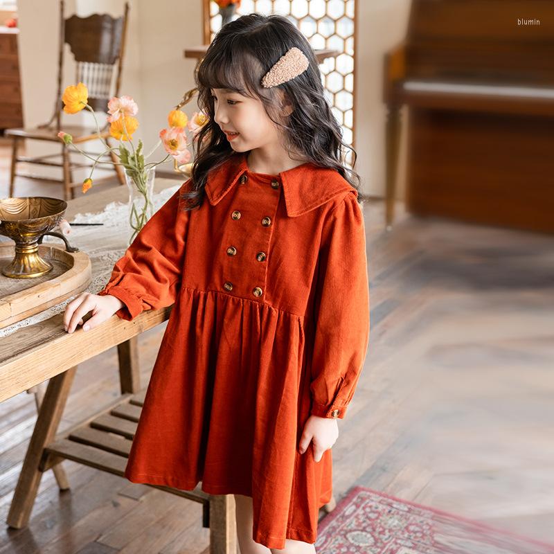 

Girl Dresses Young Children Costumes Preppy Style Princess Dress For Girls Autumn Corduroy Thick School Kids Clothes Year Party, Red