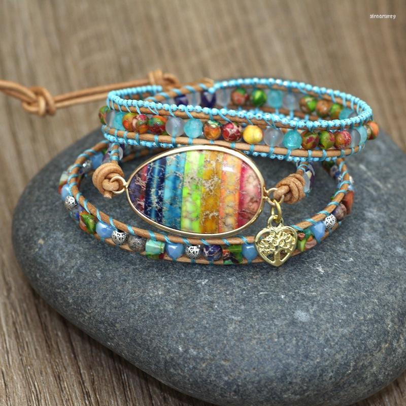 

Strand Fashion Beaded Bracelet Women Handmade Boho Colorful Natural Stones Bracelets Charm Gems Stone Leather Wrap Girls BT-13