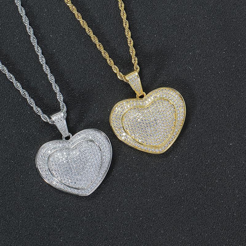

Pendant Necklaces Hip Hop Micro Paved CZ Stone Bling Iced Out Double Layer Heart Pendants For Men Rapper Jewelry Drop