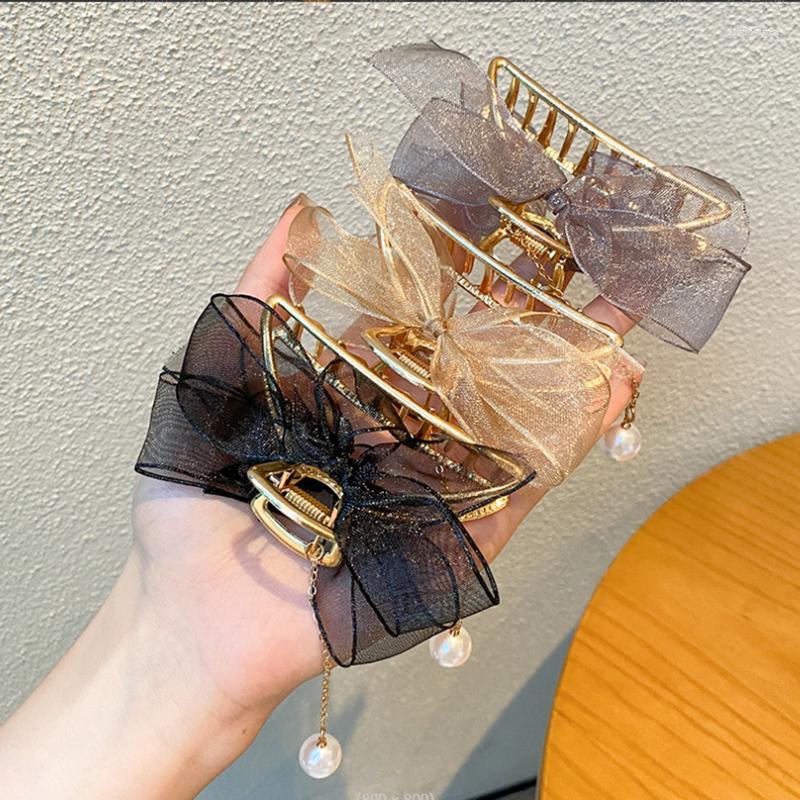 

Hair Clips Women's Korean Graceful Mesh Bow Hairpins 2023 Elegant Pearl Tassel Hairgrips Lady Cute Accessories
