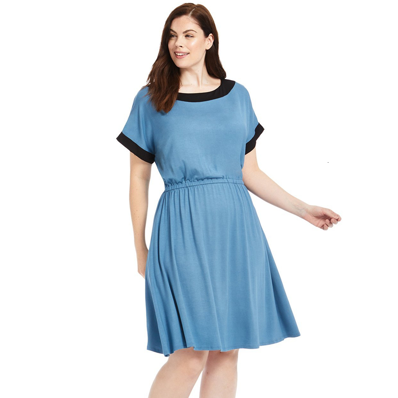 

Plus size Dresses Size Short Sleeve Summer Elegant Fit And Flare Dres Color Block Elastic Waist Casual Aline Dress Office 7XL 230627, Blue