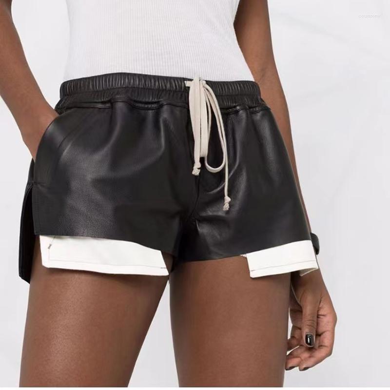 

Women' Shorts 2023 Summer Dark Black Leather White Pockets Exposed Ladies Elastic Drawstring Casual Pants Fashion High Street Women