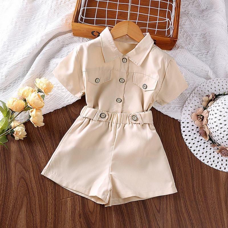 

Clothing Sets Children's Fashion Open Button Short Sleeve Top And Shorts Two Piece Set For European Suitable Children Aged 3 To 7, White