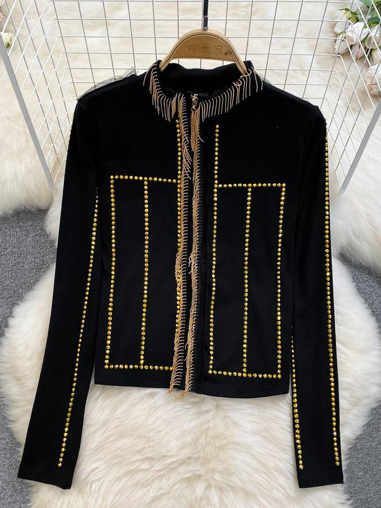 

Women's T Shirts HIGH STREET Est 2023 Designer Style Women's Round Neck Beaded Fringed Zippered Shirt, Gold