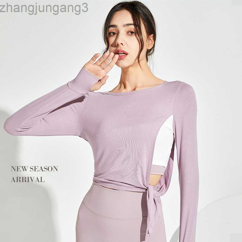 

Alos Yoga Tops t Shirt Crewneck Fake Two-piece Side Slit Top Women' Fashion Contrast Color Breathable Quick Drying Long Sleeve Blouse, Light brown
