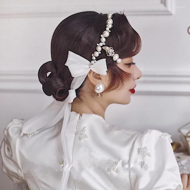

Hair Clips Handmade White Bow-Knot Bridal Hairbands Tiaras Crystal Pearls Riborn Headbands Women Headdress Wedding Accessories Diadema
