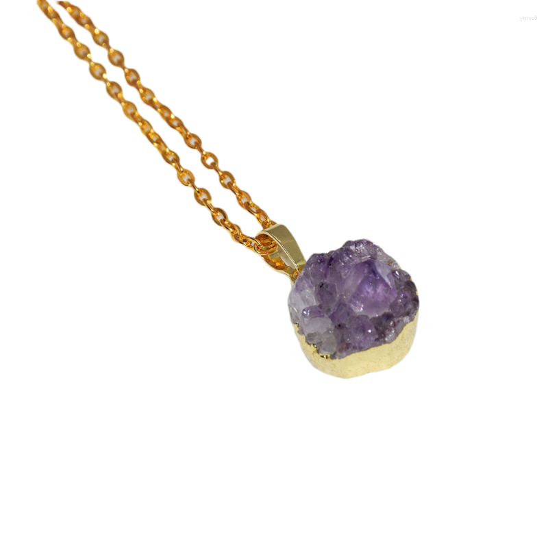 

Pendant Necklaces Purple Crystal Stone Women Cute Jewelry 2023 Geode Druzy Stones Gold Chain Round Plating Bezel Cluster