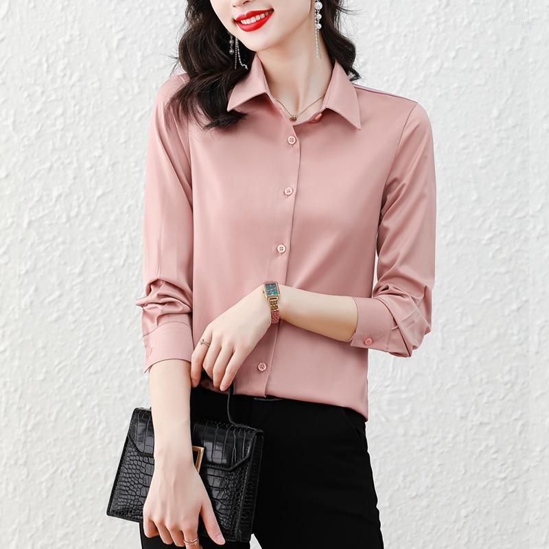 

Women's Blouses Solid Color Elegant Ladies Satin Shirts Fashion Women Chic Causal Long Sleeve Mujer Blusas, Black