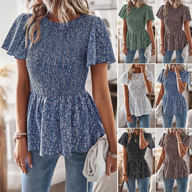 

Women' T Shirts Women Spring Summer Fashion O-neck Plant Printing Elastic Waist Patchwork Commuting Versatile Casual Shirt Tees Tops, Black