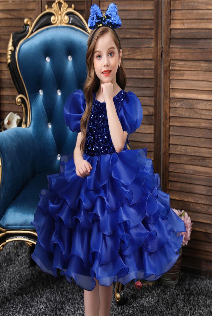 

New Girls Ruffles Short Pageant Dresses Puffy Sleeve Sequins Top Toddler Birthday Party Gowns Flower Girl Dance Show Dress Princes4674795, Blue