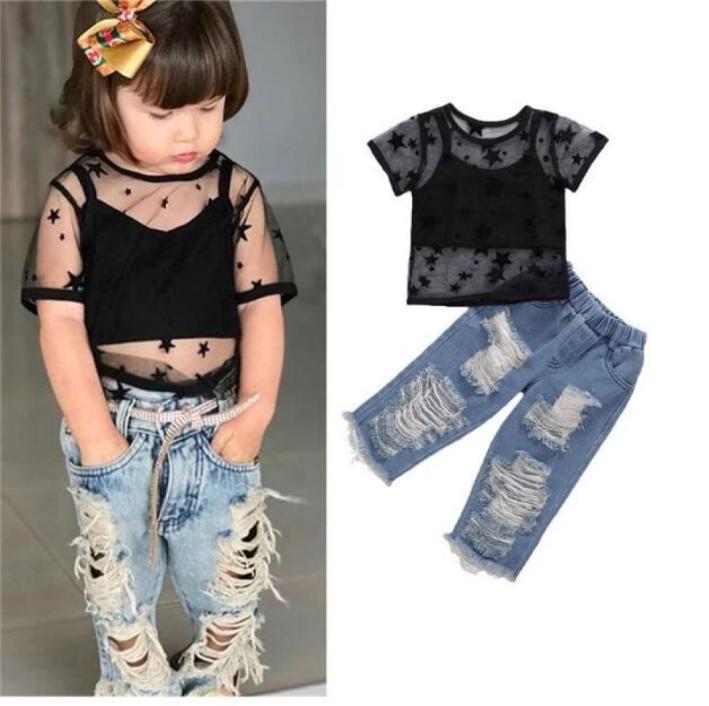 

Baby Girl Clothing Set Girls039 Clothing Sets Lace Short Sleeve TShirt Vest and Jeans Threepiece8870888, Black