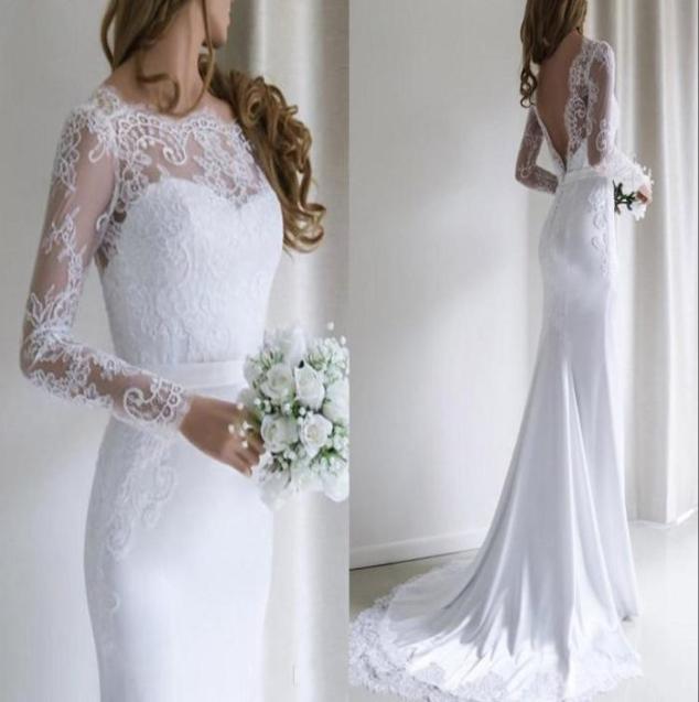 

Elegant Long Sleeves Wedding Reception Dresses Cheap V backless Lace Illusion Designer Vestidos De Novia Wedding dress Bridal Gown9934620, Ivory