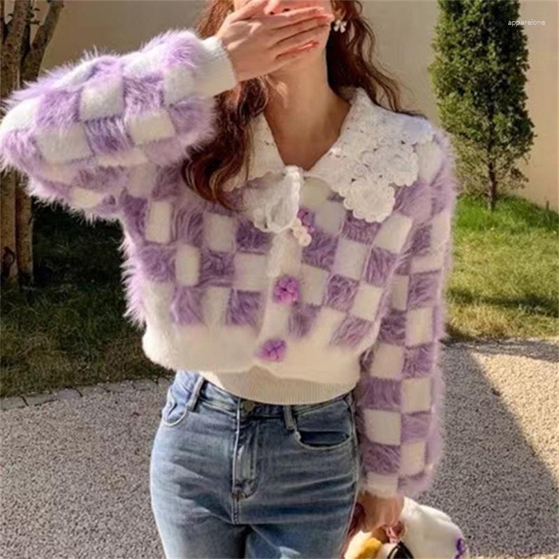

Women' Knits Kawaii Women Y2K Sweaters Cropped Knitted Cardigan Autumn Loose Casual V-Neck Single Breasted Fur Japanese Plaid, Purple