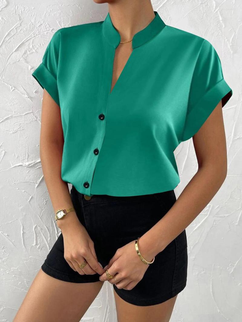 

Women' Blouses Women' Summer Solid Simple V-neck Short Sleeve Shirt 2023 Casual Green Single Breasted Office Blusas Y Camisas, Orange