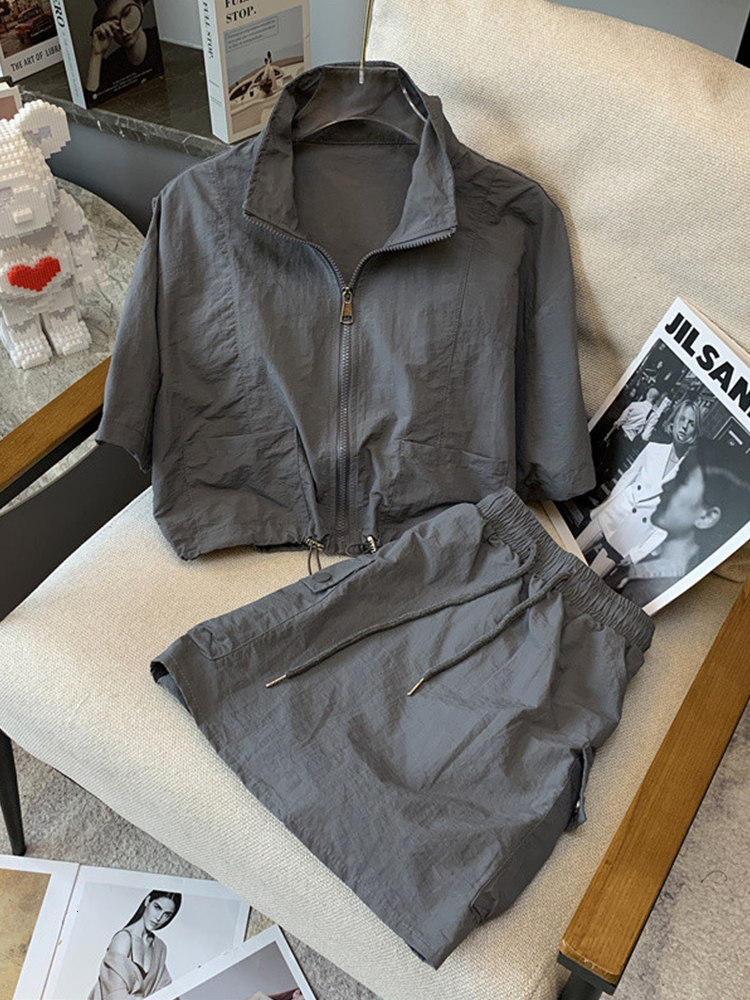 

Two Piece Dress Summer Outfits For Women Short Sleeve Suits 2023 Stand Collar Zipper Coat TopsSexy Mini Skirts Simple Solid Set 230627, Gray suit