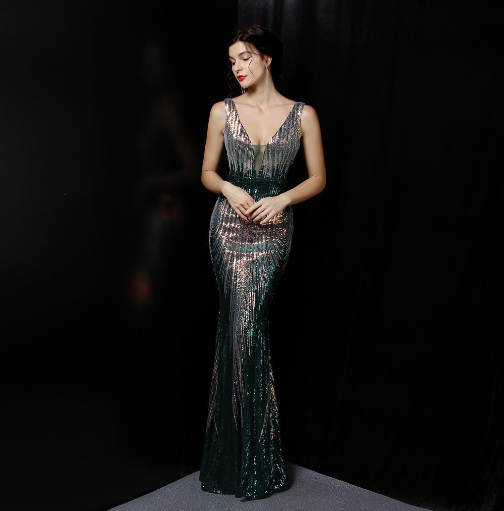 

2021 new sexy deep Vneck style mermaid formal evening dress vestibule1171887, Green