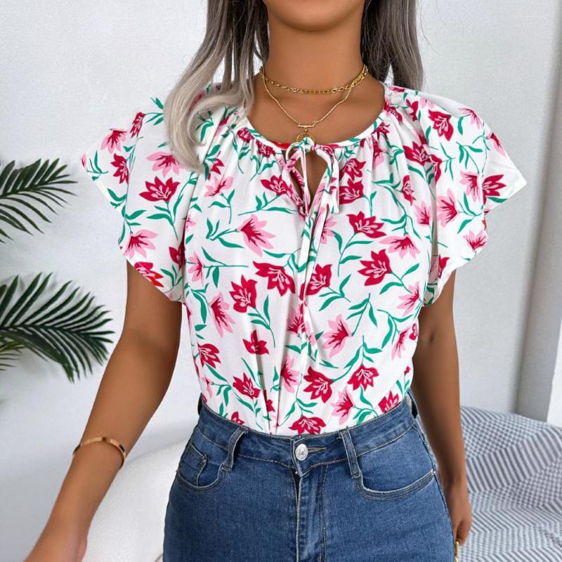 

Women' Blouses Summer Ladies Leisure Versatile Lotus Leaf Short Sleeves V-neck Sexy Floral Print Shirt Top Female Clothing Blusas, Black
